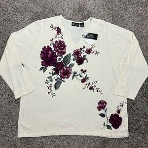 New Maggie Barnes Women Floral Sweater Top Size 2X‎ Beaded Split Neck Pullover